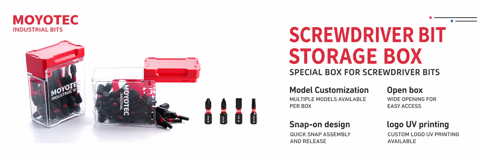 MOYOTEC snap-lid screwdriver bit storage box with custom UV logo printing