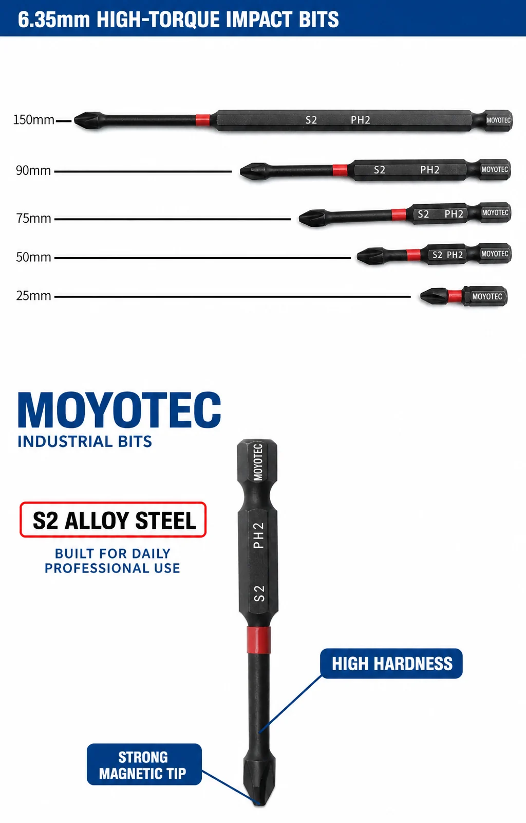 MOYOTEC S2 alloy impact bits in 25mm 50mm 75mm 90mm and 150mm lengths